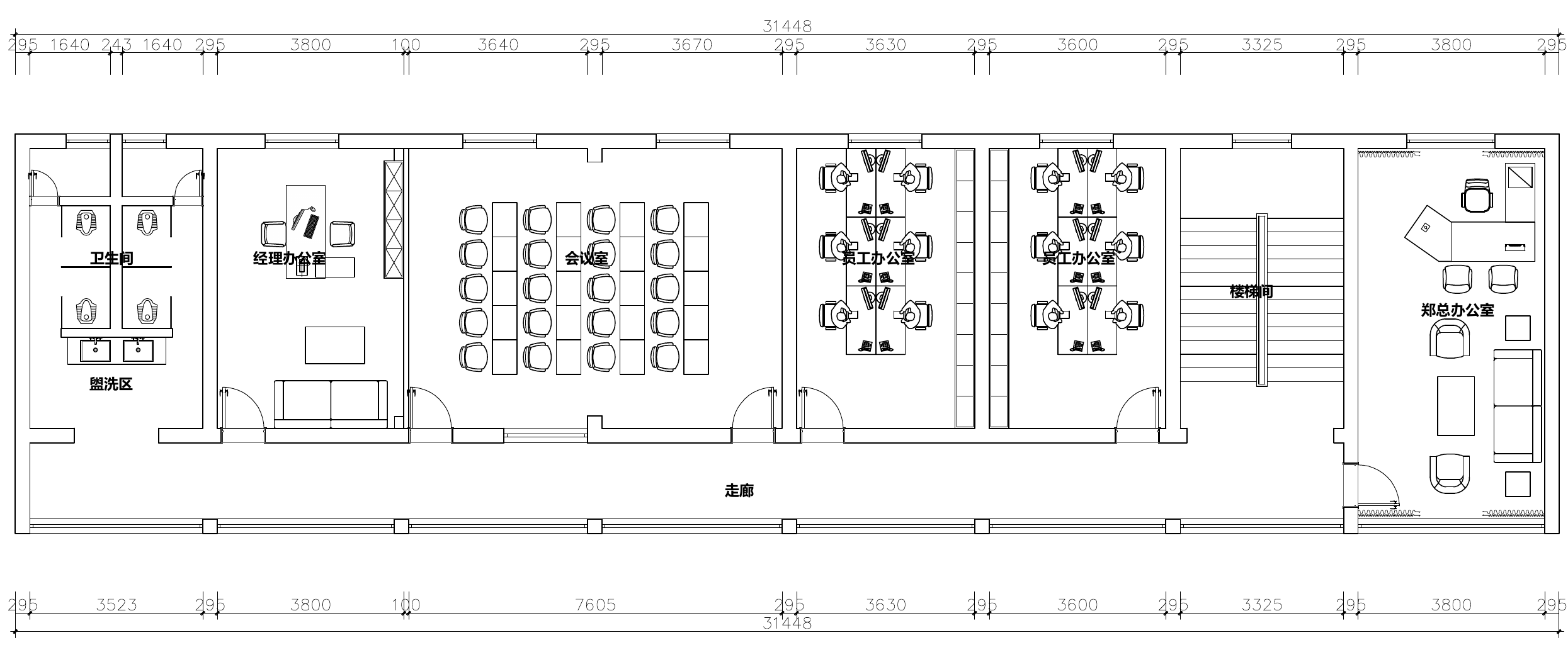 PDF原始办公室平面图，标注31448毫米长、8140毫米宽，走廊沿下侧贯通